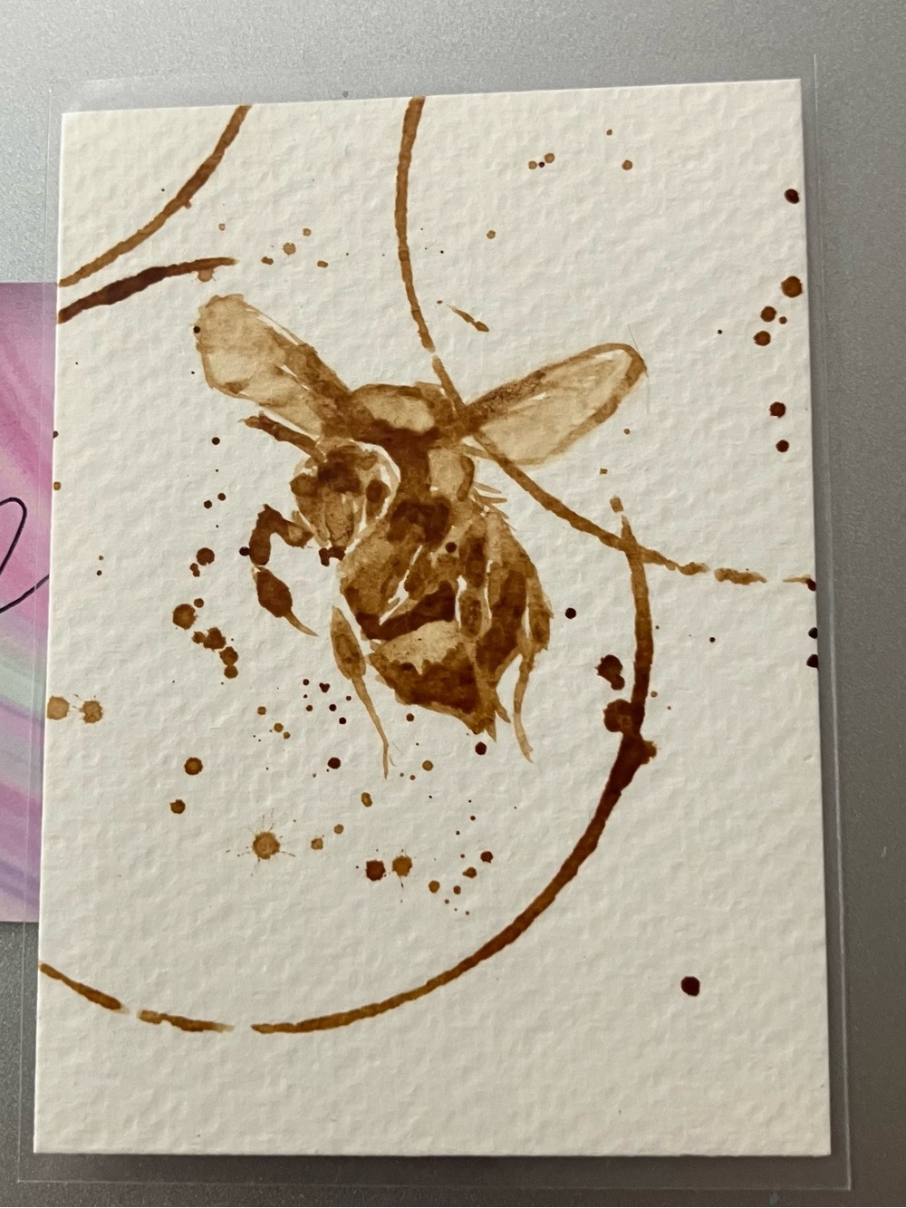 ORIGINAL coffee bumblebee painting ATC mini gift art insect collectible artwork